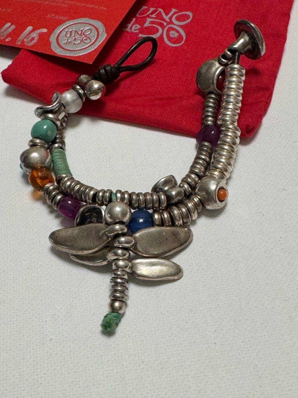 Authentic UNO de 50 Multi Strand Silver Dragonfly Bead Leather Bracelet